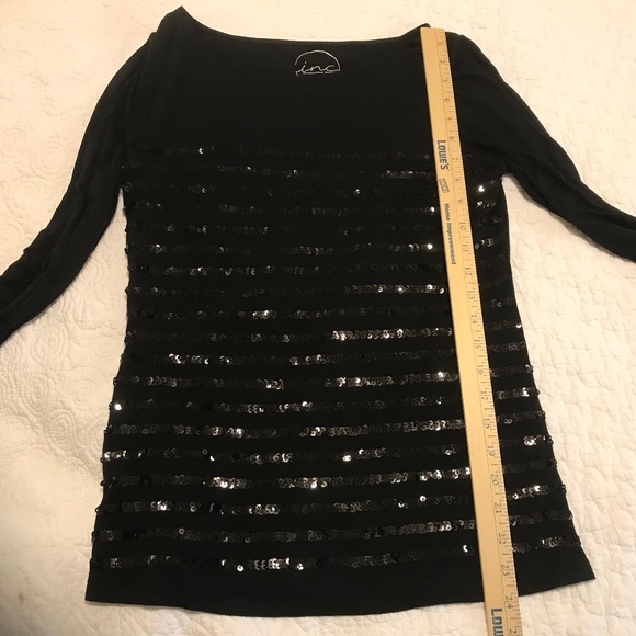 Sparkly INC sequin-striped black on black long sleeve boat neck top (L) - Picture 7 of 13